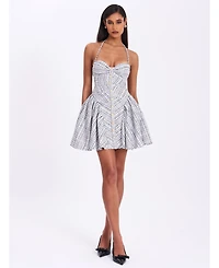 Miss Circle Women's Melody Black and White Plaid Tweed Halter Drop Waist Mini Dress