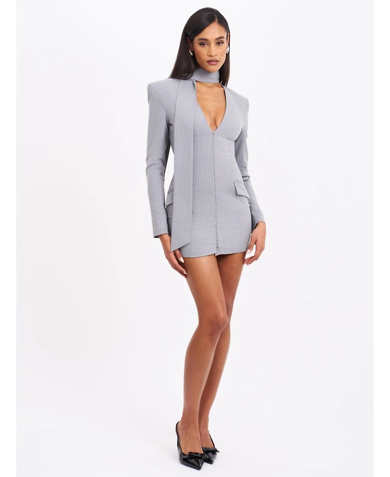 Miss Circle Women's Tahlia Deep V Pinstripes Gray Blazer Dress with scarf collar