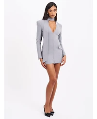 Miss Circle Women's Tahlia Deep V Pinstripes Gray Blazer Dress with scarf collar