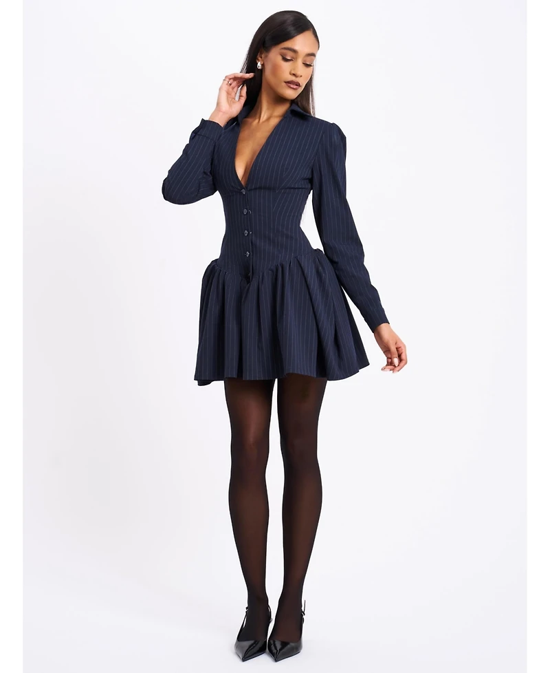 Miss Circle Women's Xabrina Navyblue Pinstripe Long Sleeve Shirt Mini Dress