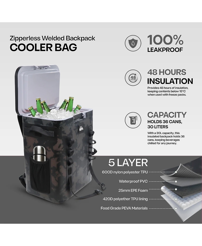 Quiksilver Coastal Collection Zipperless 48-72H 5 Layer Insulated Sweat Free Backpack Cooler with Air Sealed Lid