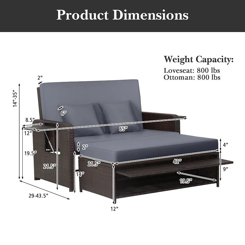 Gymax Rattan Loveseat Set Daybed Lounge w/ Storage Ottoman Side Tables Adjust Patio