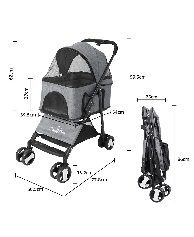 Bingopaw DetBINGOPAW 3 in 1 Dog Stroller with Detachable Carrier 4 Wheels Pet Travel Strolling Cart
