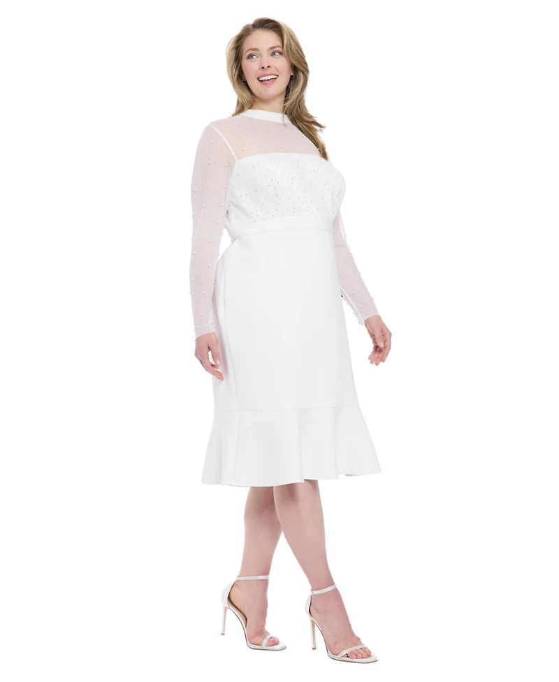 London Times Plus Beaded Illusion Mock-Neck Midi Dress