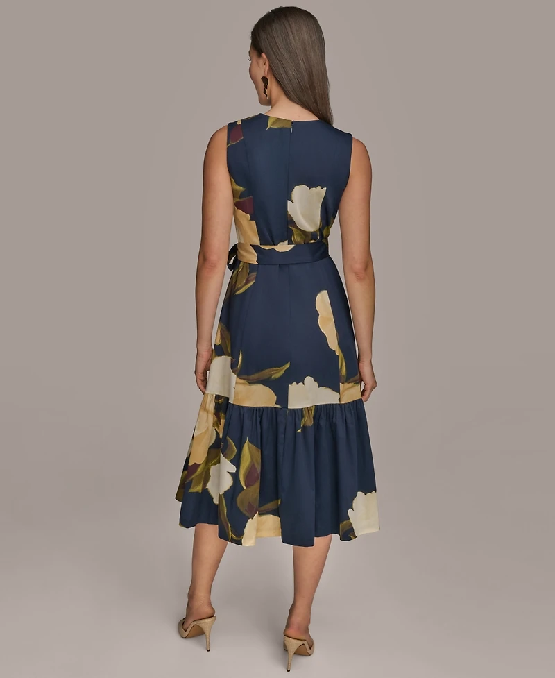 Donna Karan New York Women's Printed Sleeveless Faux-wrap V-neck Pleated Dress