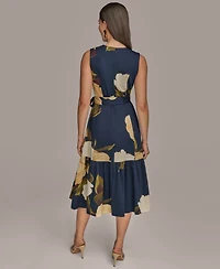 Donna Karan New York Women's Printed Sleeveless Faux-wrap V-neck Pleated Dress