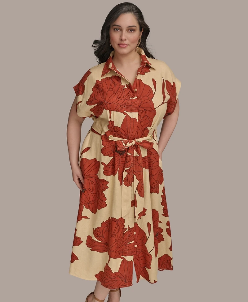 Donna Karan New York Plus Printed Grommet-Waist Shirtdress