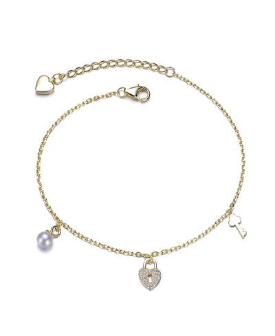 14K Gold Plated with Clear Cubic Zirconia & Mother of Pearl Multiple Charm Bracelet