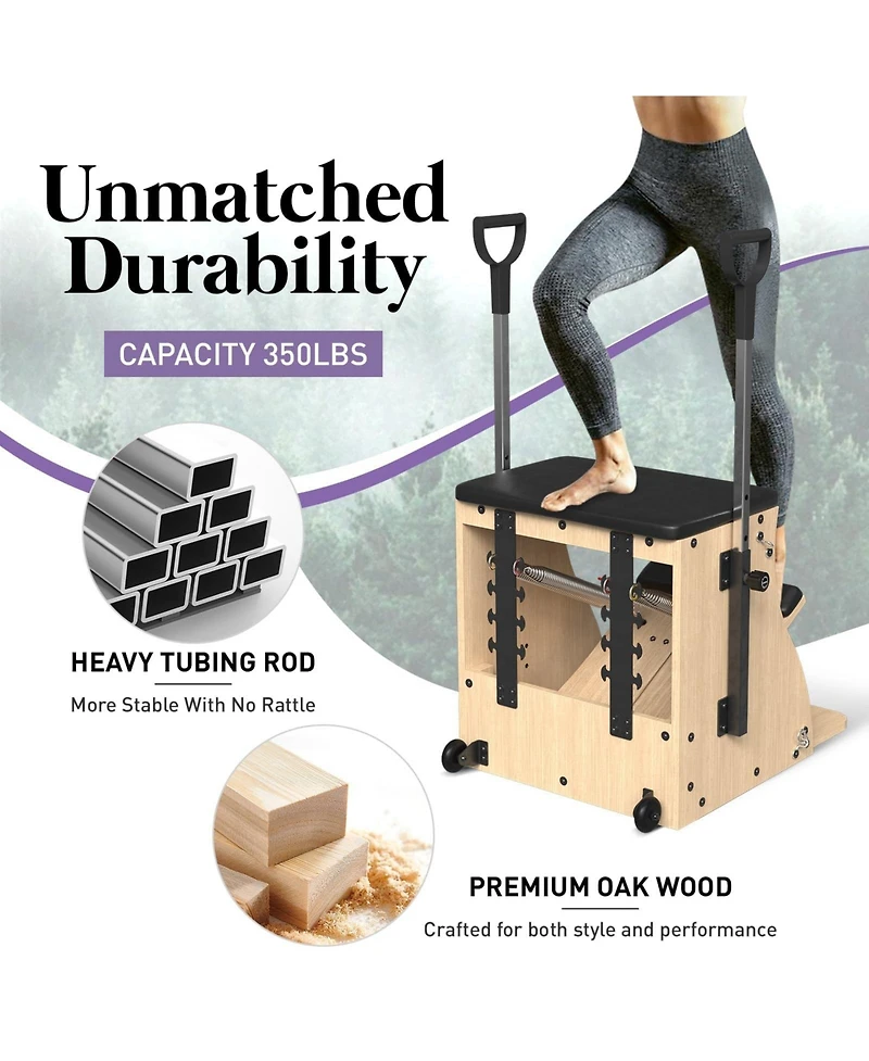 Mikolo Pilates Combo Chair – Oak Frame, Resistance Bands & Split Pedals for Home/Studio