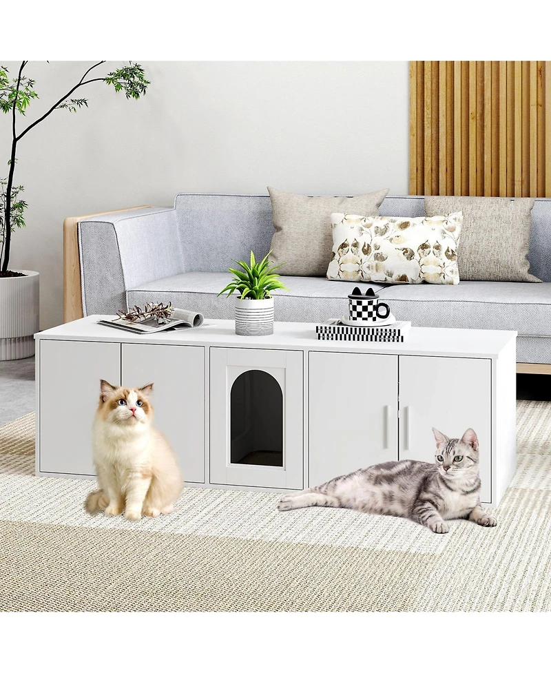 Cat Litter Box Enclosure for 2 Cats with Double Rooms and Sisal Scratching Mat