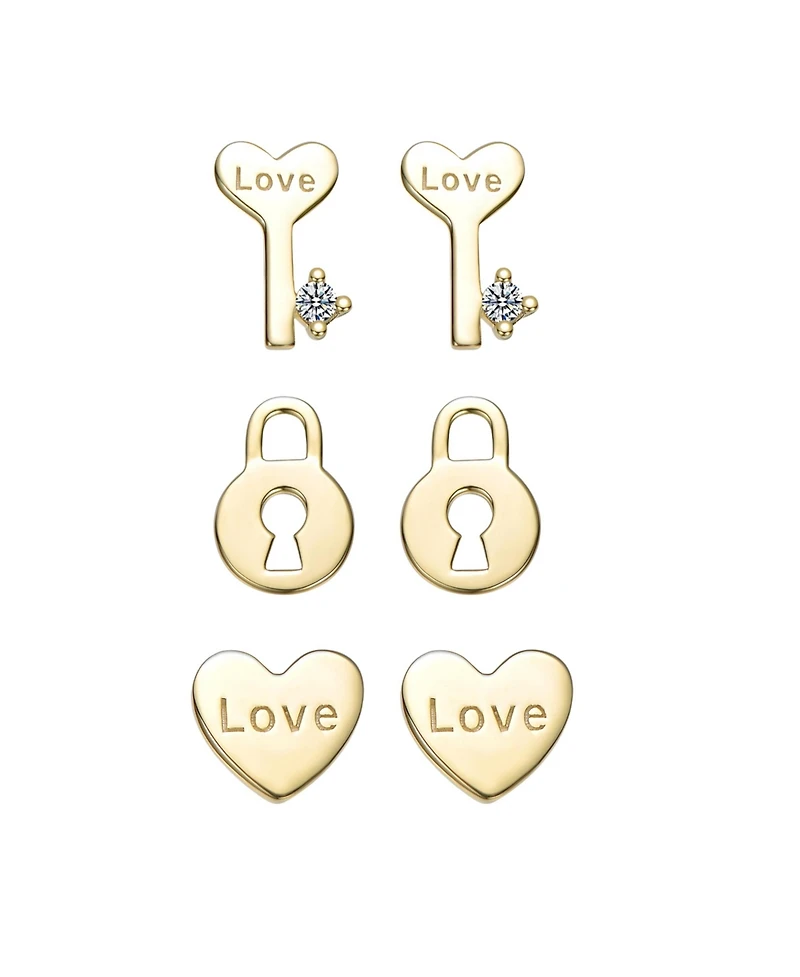 14K Gold Plated with Clear Cubic Zirconia Heart, Key & Lock "Love & Lock" Stud Earring 3-Piece Set