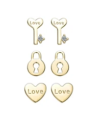 14K Gold Plated with Clear Cubic Zirconia Heart, Key & Lock "Love & Lock" Stud Earring 3-Piece Set