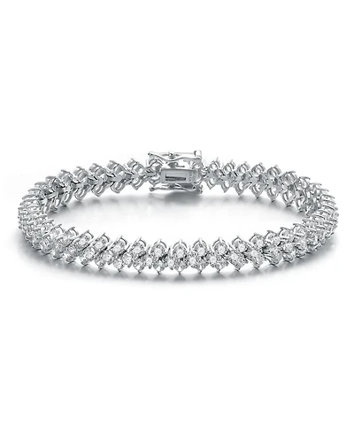 Sterling Silver White Gold Plating with Clear Cubic Zirconia Three Row Tennis Bracelet