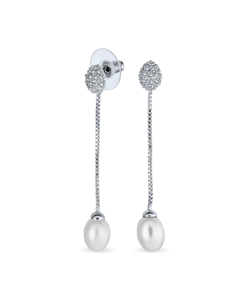 Bling Jewelry Simple Cz White Freshwater Cultured Pearl Linear Chain Dangling Earrings Silver Plated Brass