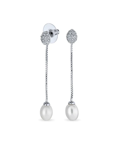 Bling Jewelry Simple Cz White Freshwater Cultured Pearl Linear Chain Dangling Earrings Silver Plated Brass