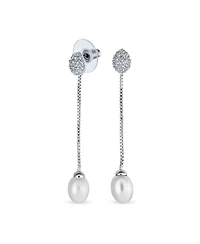 Bling Jewelry Simple Cz White Freshwater Cultured Pearl Linear Chain Dangling Earrings Silver Plated Brass