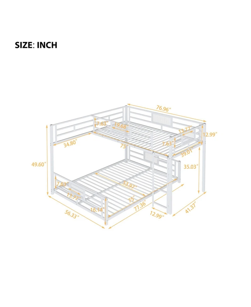 L-shaped Metal Twin over Full Size Bunk Bed, White