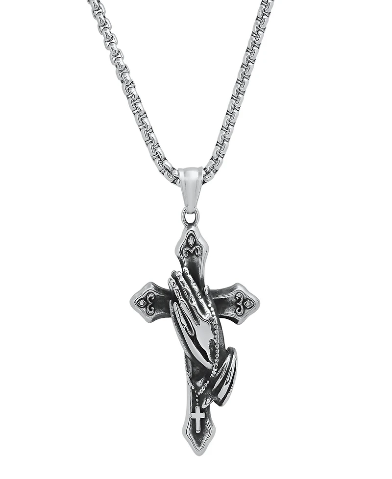 Steeltime Men's Stainless-Steel Prayer Hand and Cross Pendant Necklace