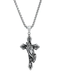Steeltime Men's Stainless-Steel Prayer Hand and Cross Pendant Necklace