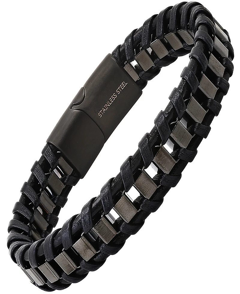 Steeltime Men's Black Leather and Black Ip Stainless Steel Box Link Braided Bracelet