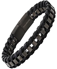 Steeltime Men's Black Leather and Black Ip Stainless Steel Box Link Braided Bracelet
