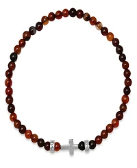 Steeltime Men's Sterling Silver Cross and Red Tiger Eye Beaded Stretch Bracelet