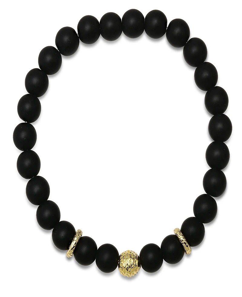Steeltime Men's 14K Gold Plated Sterling Silver and Black Lava Beaded Stretch Bracelet