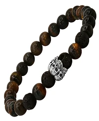 Steeltime Men's Tiger Eye, Black Lava and Sterling Silver Skull Beaded Stretch Bracelet