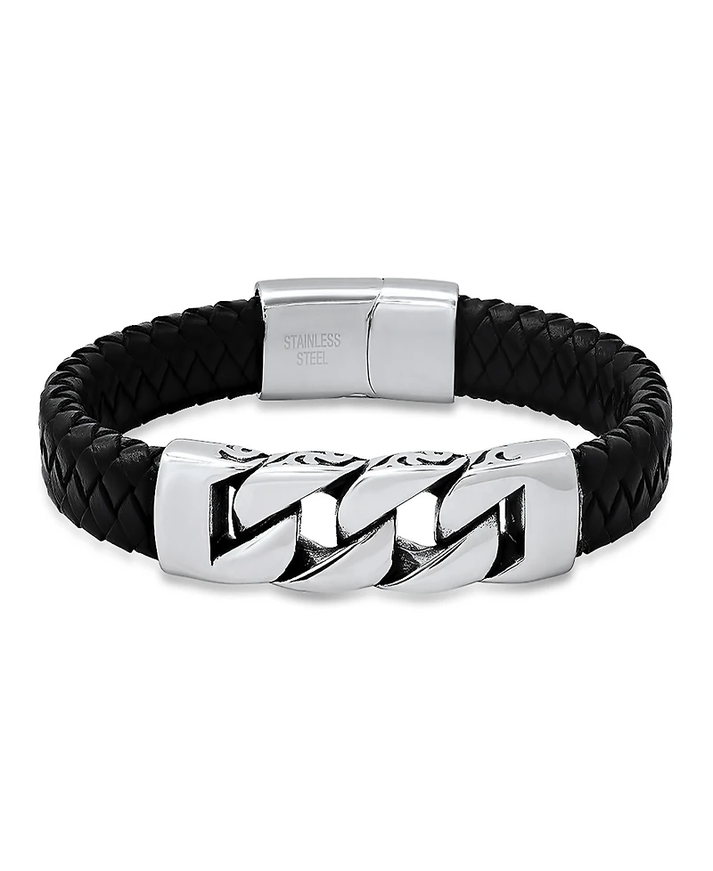 Steeltime Men's Black Braided Leather and Stainless-Steel Bracelet
