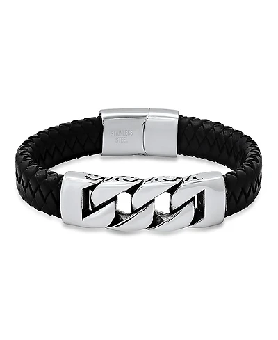 Steeltime Men's Black Braided Leather and Stainless-Steel Bracelet