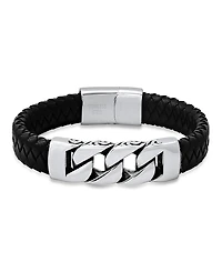 Steeltime Men's Black Braided Leather and Stainless-Steel Bracelet