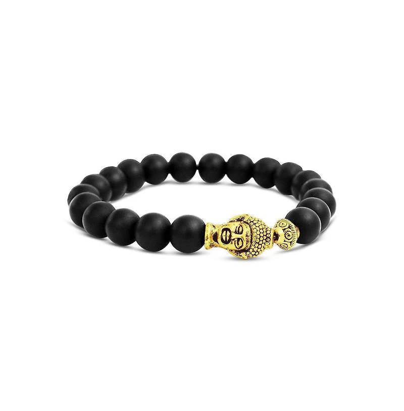 Bling Jewelry Spiritual Charm Bali Buddha Natural Black Onyx Stretch Bracelet Ball Bead Gold Plated