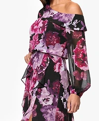 Xscape Women's Printed Asymmetrical Long-Sleeve Maxi Dress
