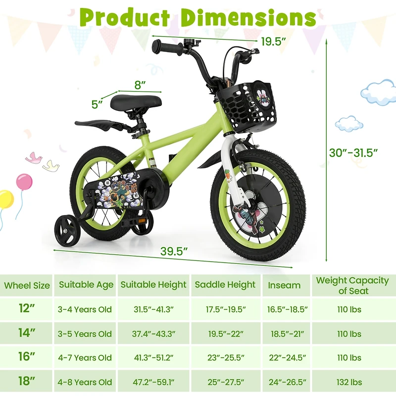Kids Adjustable Bike with Detachable Training Wheels Safe and Fun Bicycle for Ages 4-8 Years Old