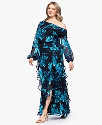 Xscape Plus Printed Asymmetrical-Neckline Long Dress