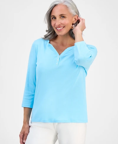 Style & Co Petite Cotton Knit Henley 3/4-Sleeve Top, Created for Macy's