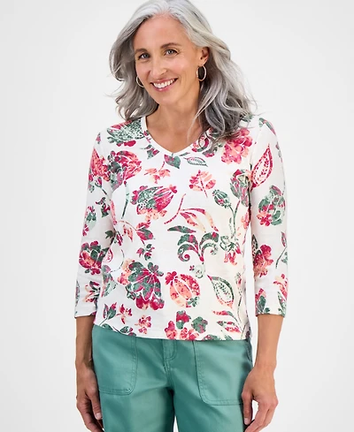 Style & Co Petite Jungle-Floral 3/4-Sleeve Top, Exclusively at Macy's