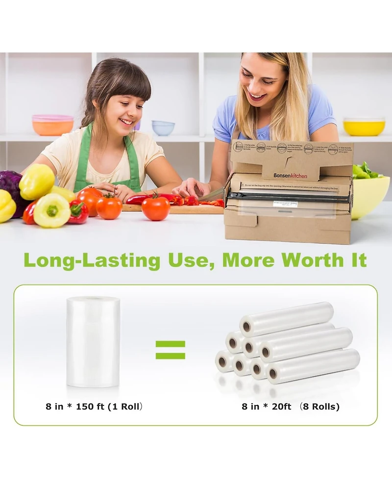 Bonsenkitchen 8” x 150 Food Vacuum Seal Roll Keeper with Cutter, Vacuum Sealer Bags Rolls for Food Storage, Commercial Grade, Bpa Free, Great f