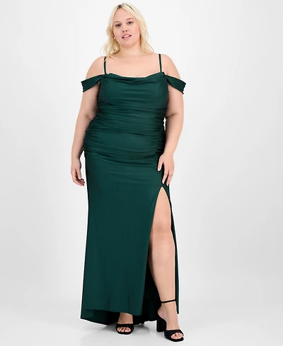 B Darlin Trendy Plus Ruched Cold-Shoulder Gown