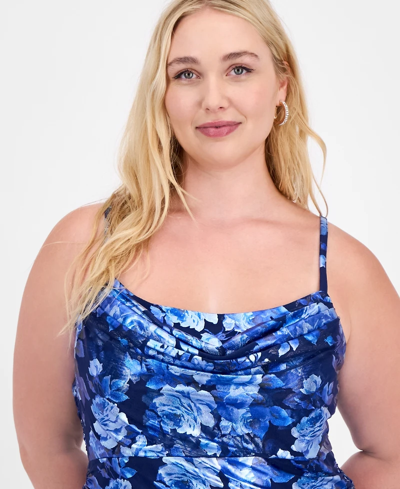 City Studios Trendy Plus Cowl-Neck Foiled Floral Ruched Dress