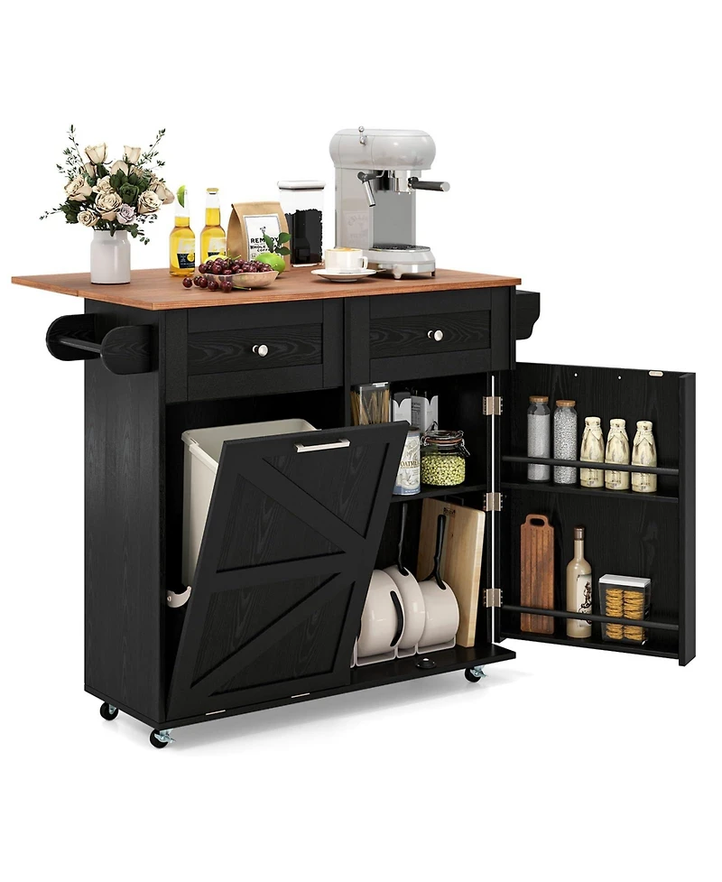 Volenca Rolling Kitchen Island with Trash Can Cabinet and Rubber Universal Wheels