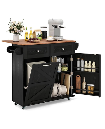 Volenca Rolling Kitchen Island with Trash Can Cabinet and Rubber Universal Wheels