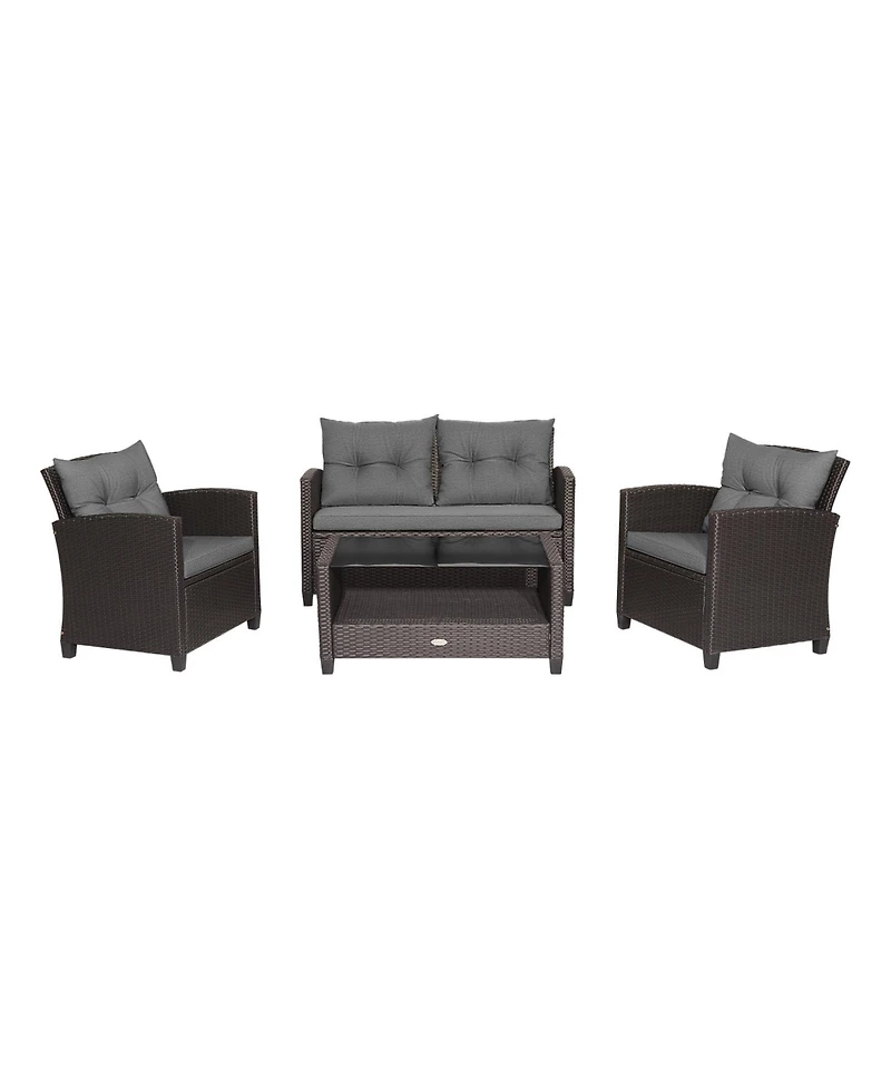 4 Pieces Patio Rattan Conversation Furniture Set with Glass Top Coffee Table