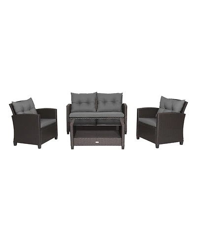 4 Pieces Patio Rattan Conversation Furniture Set with Glass Top Coffee Table