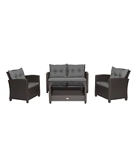 4 Pieces Patio Rattan Conversation Furniture Set with Glass Top Coffee Table