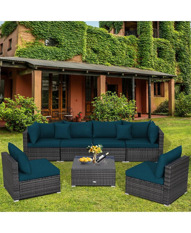 7 Pieces Patio Rattan Furniture Set with Sectional Sofa Cushioned