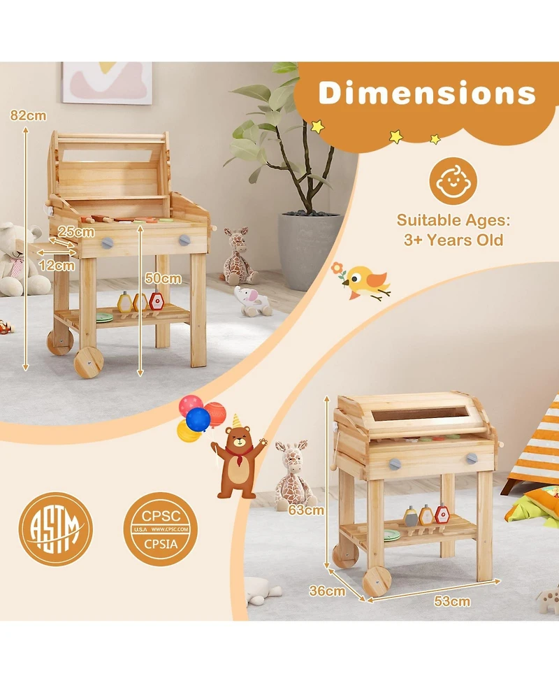Kids Wooden Barbecue Grill Playset Pretend Kitchen with Food and Wheels