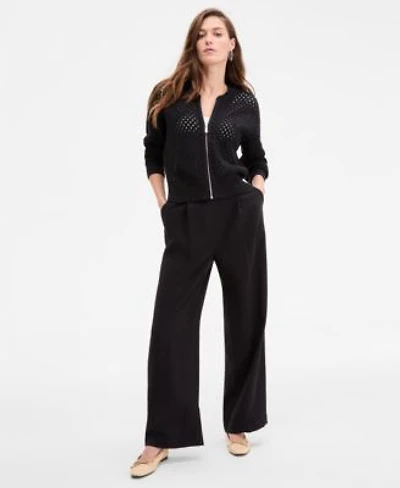On 34th Womens Perforated Zip Front Bomber Cardigan Ribbed Scoop Neck Tee High Rise Pleated Straight Leg Pants Exclusively At Macys