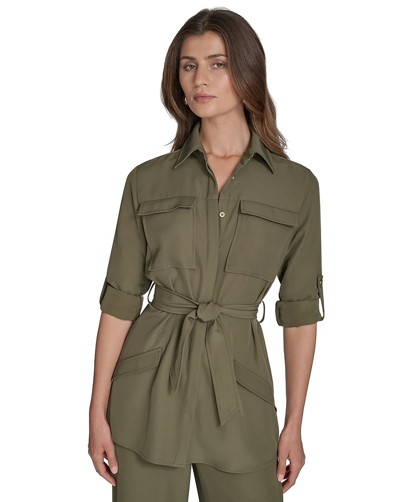 Halston Women's Soft Suiting Belted Utility Shirt
