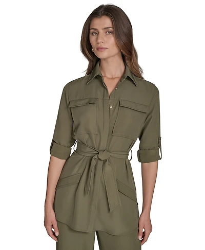 Halston Women's Soft Suiting Belted Utility Shirt